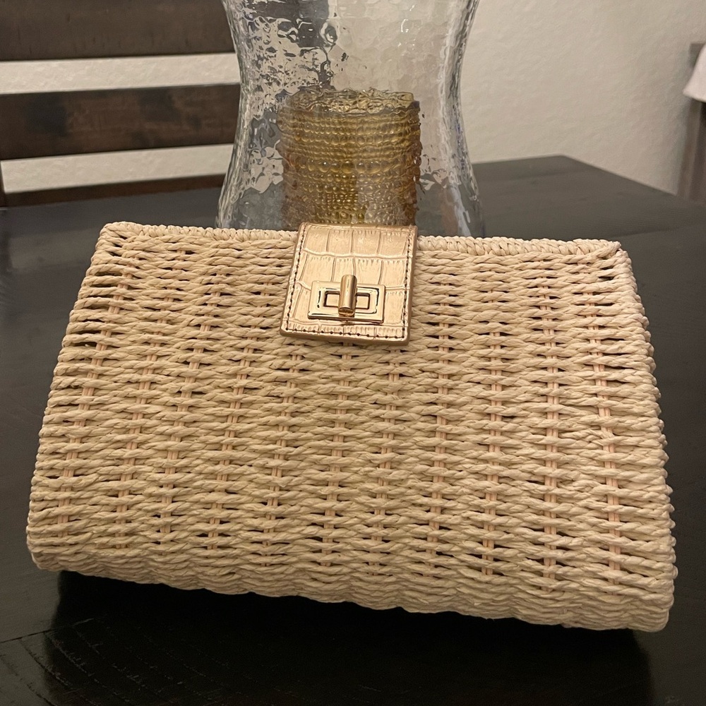 Ann Taylor Natural Woven Straw Clutch with Gold Accent